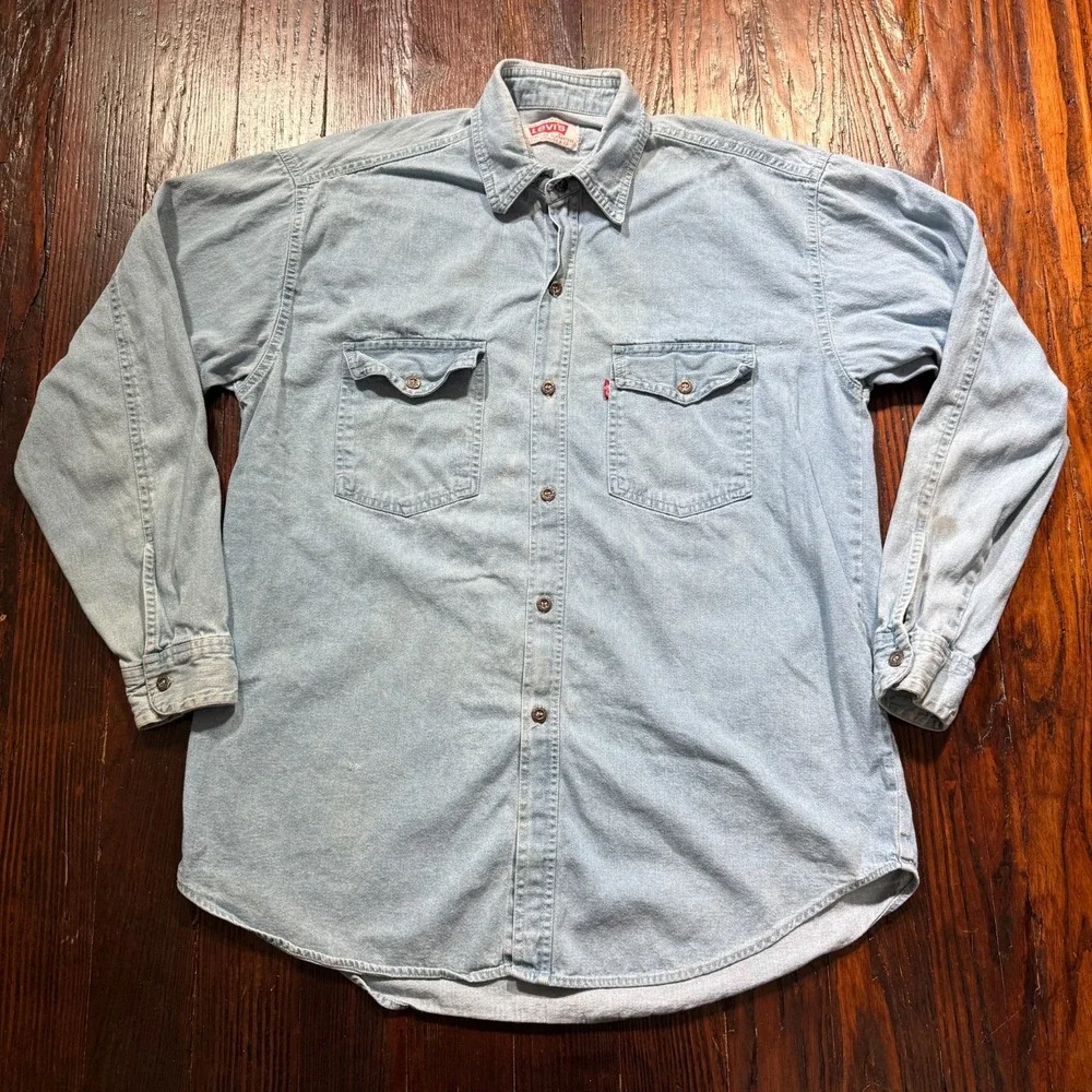 Vintage 90s Levis Denim Shirt Mens L Blue Metal Button Long Sleeve Western